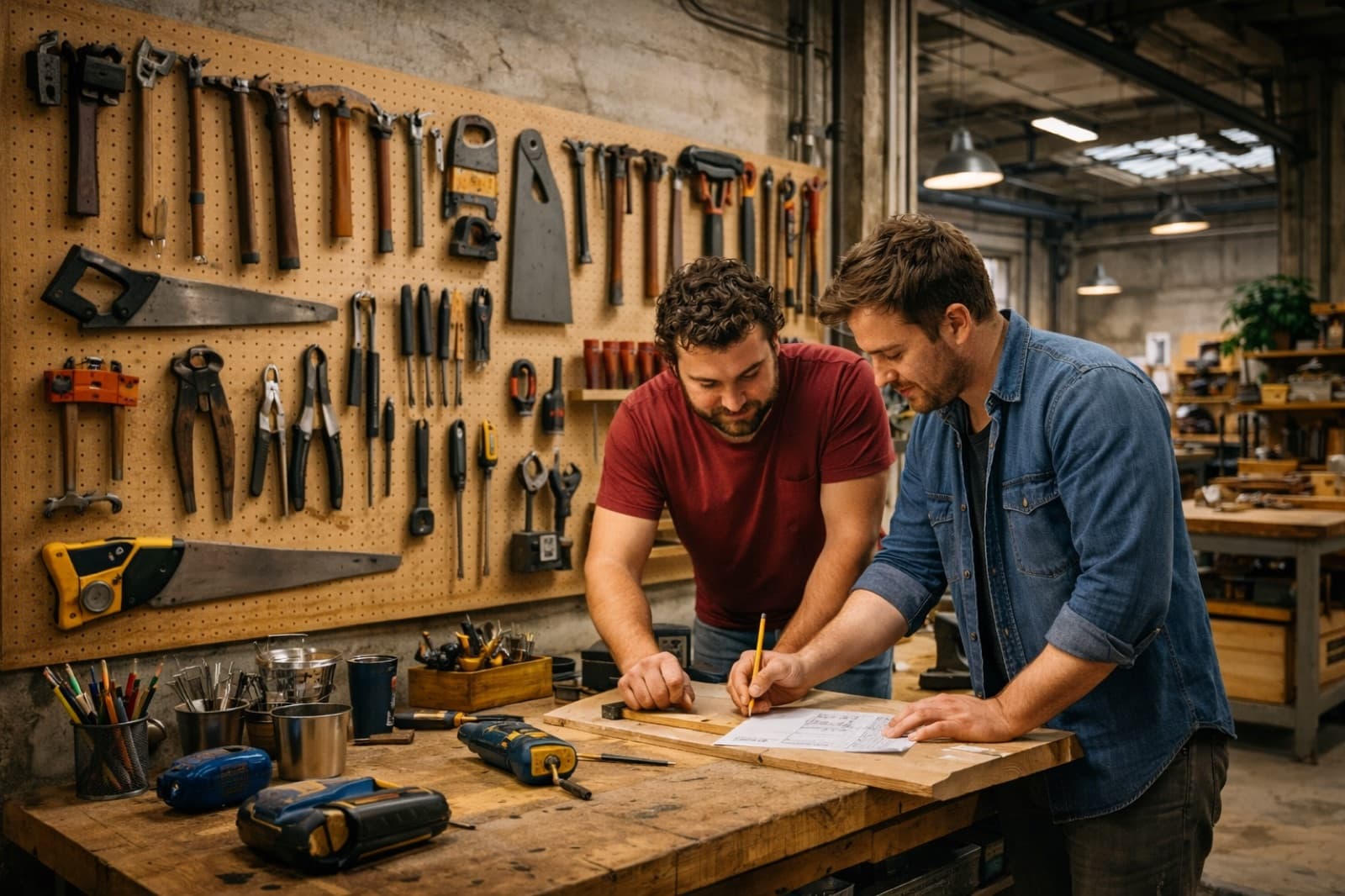 Twee makers overleggen bij een werkbank