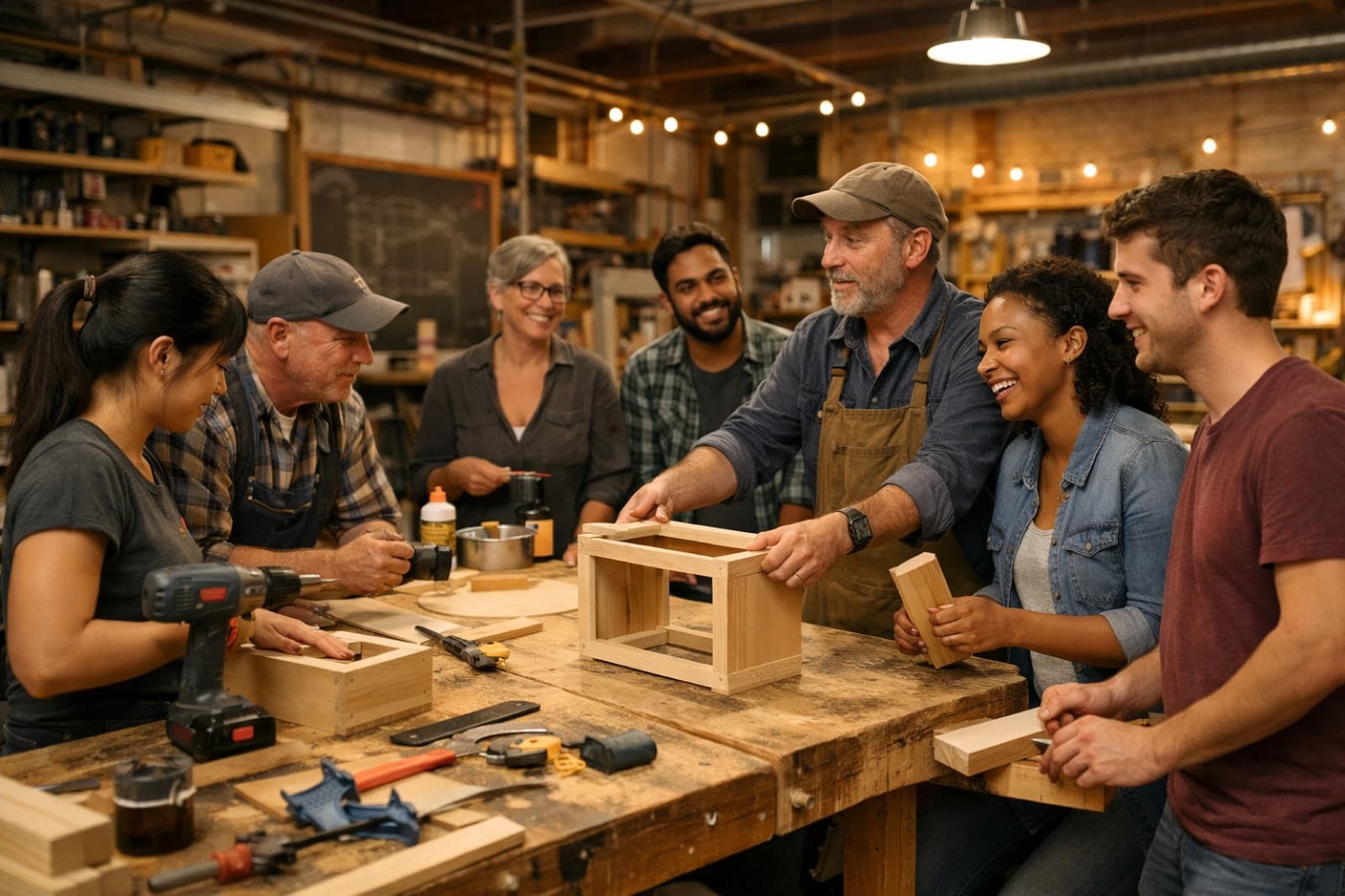 Makers bouwen samen aan een houten project
