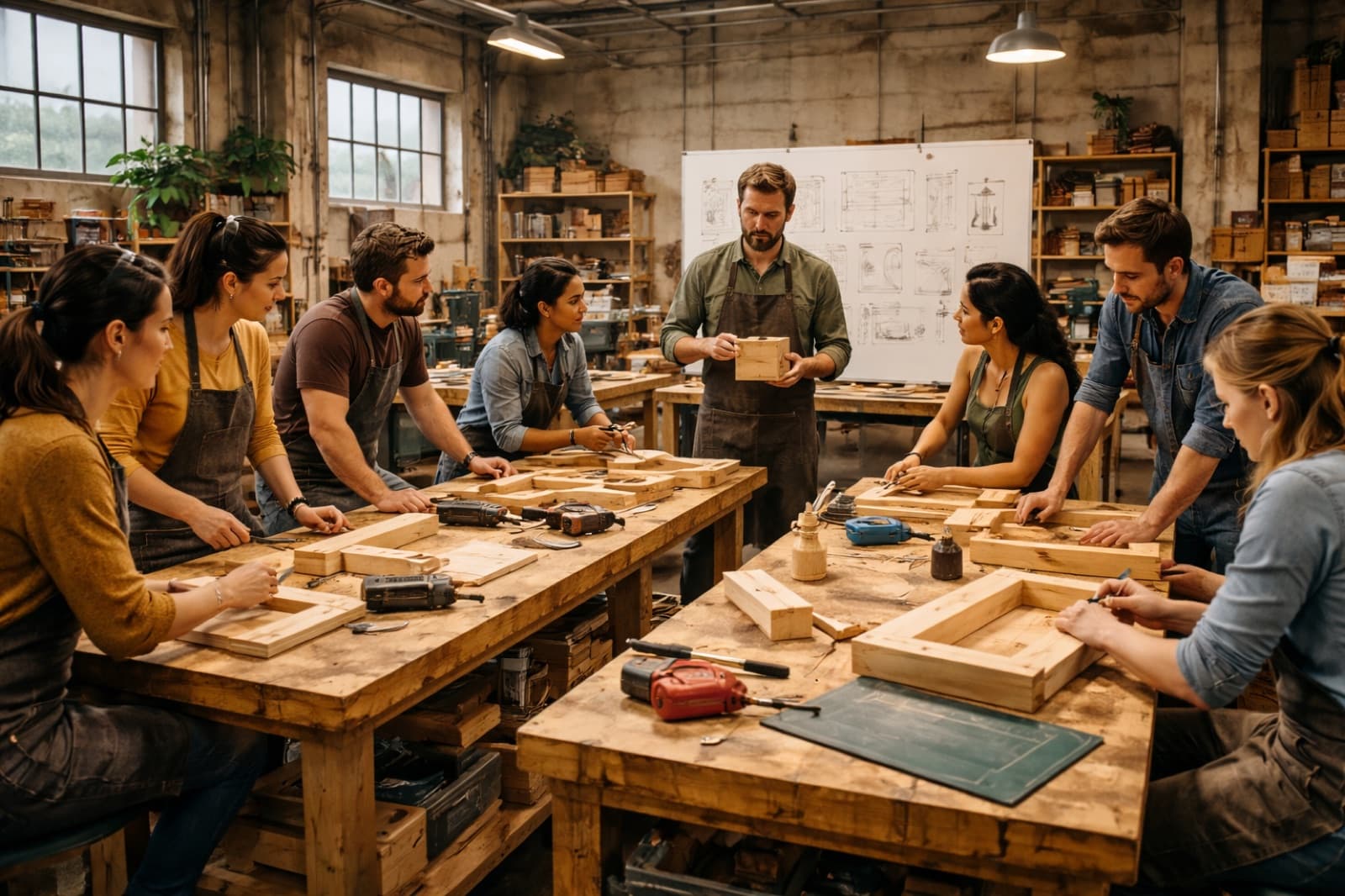 Groep makers rond een werkbank in de werkplaats
