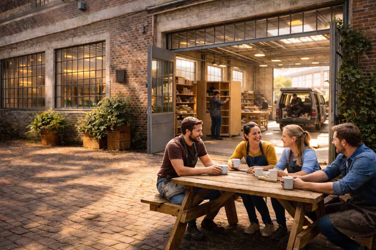 Makers aan een tafel voor een industrieel pand