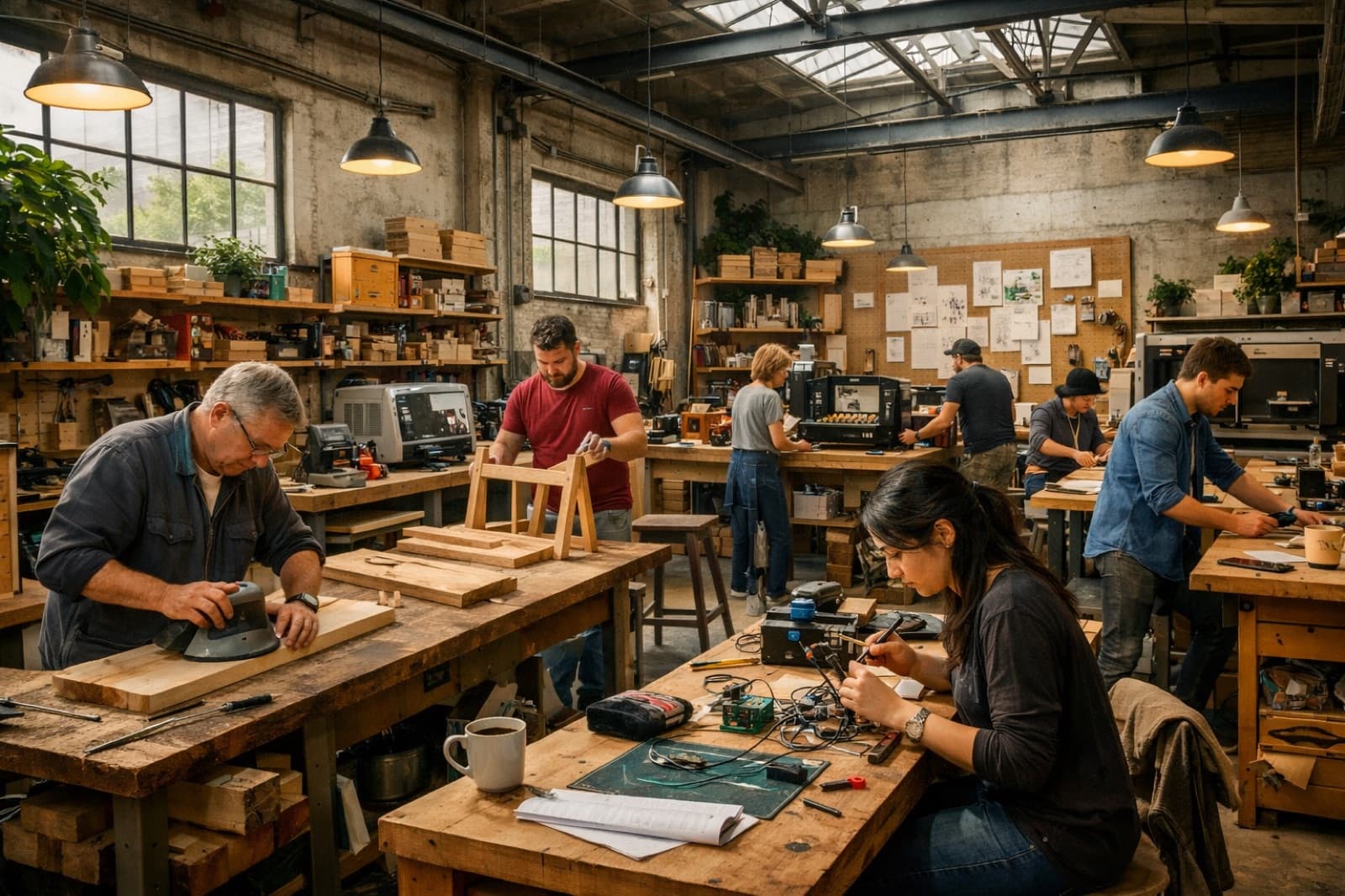 Een levendige werkplaats vol makers aan het werk